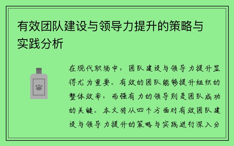 有效团队建设与领导力提升的策略与实践分析 有效团队建设与领导力提升的策略与实践分析